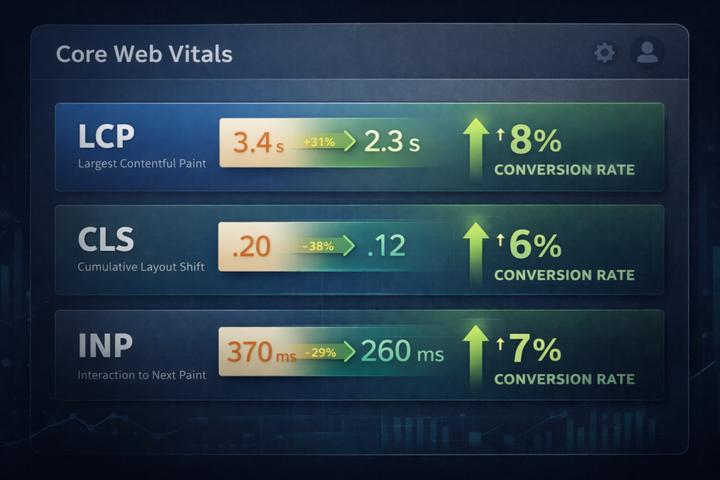 Core Web Vitals dashboard showing correlation between site speed metrics and e-commerce conversion improvements