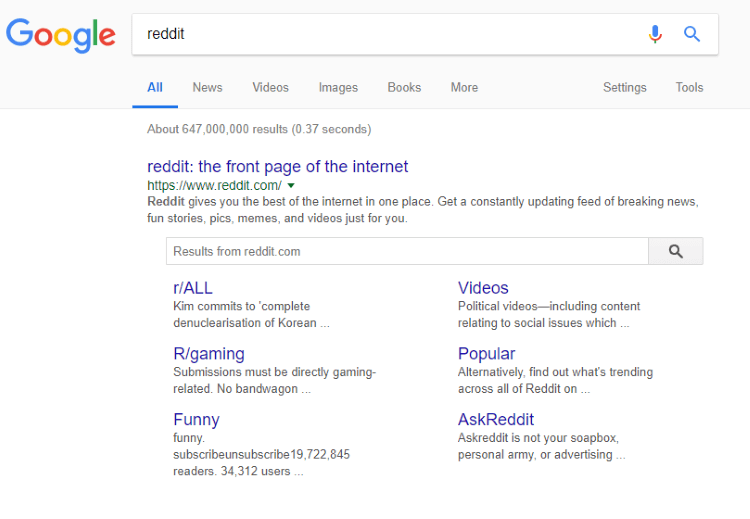 reddit google search result